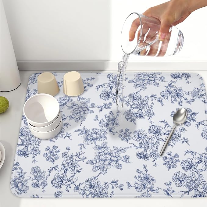Blue Floral Dish Drying Mat for Kitchen Counter Chinoiserie Flower Microfiber - Image 6