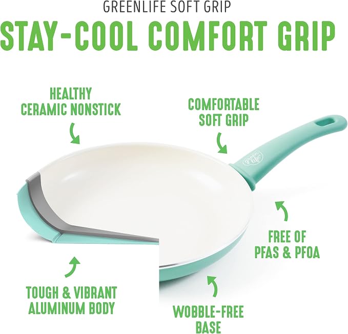 GreenLife Soft Grip Healthy Ceramic Nonstick, 15 Piece Cookware Pots and Pans - Image 4