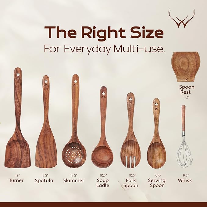 8 Pcs Teak Wooden Utensil Set – Premium Wooden Cooking Utensils Set, Natural - Image 6