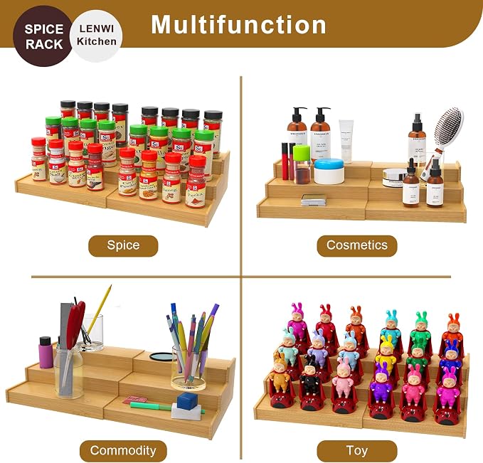 Lenwi Spice Rack Organizer for Cabinet, 3 Tier Expandable Bamboo Spice Storage - Image 3