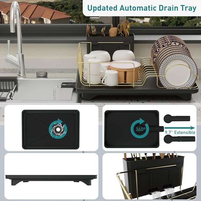 Buruis Dish Drying Rack for Kitchen Countertop, Large Capacity Gold Stainless - Image 2