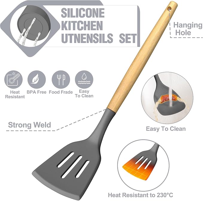 Umite Chef Silicone Kitchen Utensil Set, Wood Handles - Image 7