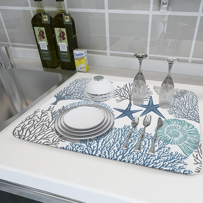 Blue Coral Dish Drying Mat 18x24 Inch Absorbent Reversible Summer Beach Drying - Image 6