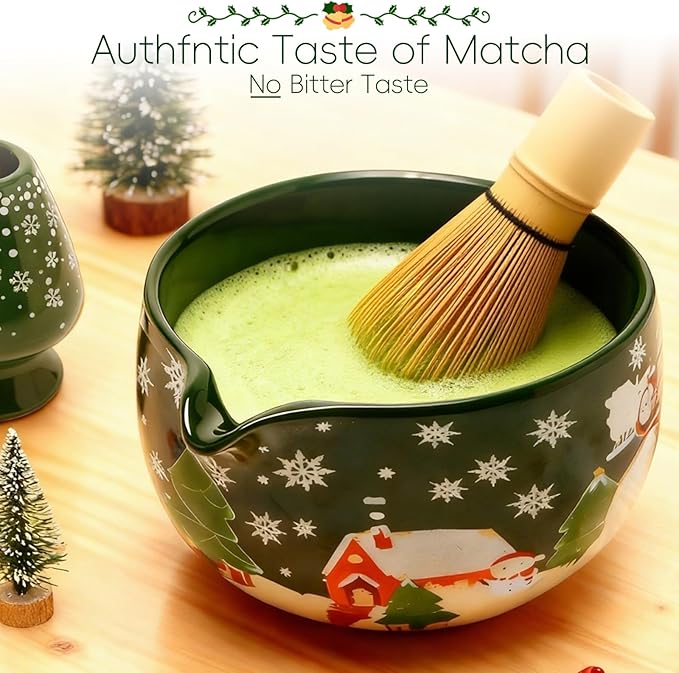 Christmas Matcha Whisk Set, Ceramic Matcha Set Includes Bowl & Holder, Bamboo - Image 3