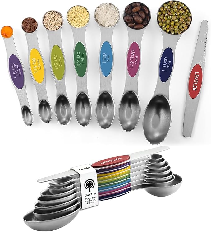 ChefAide Pack of 8 Stainless Steel Magnetic Measuring Spoons Set, Dual Sided by ChefAide