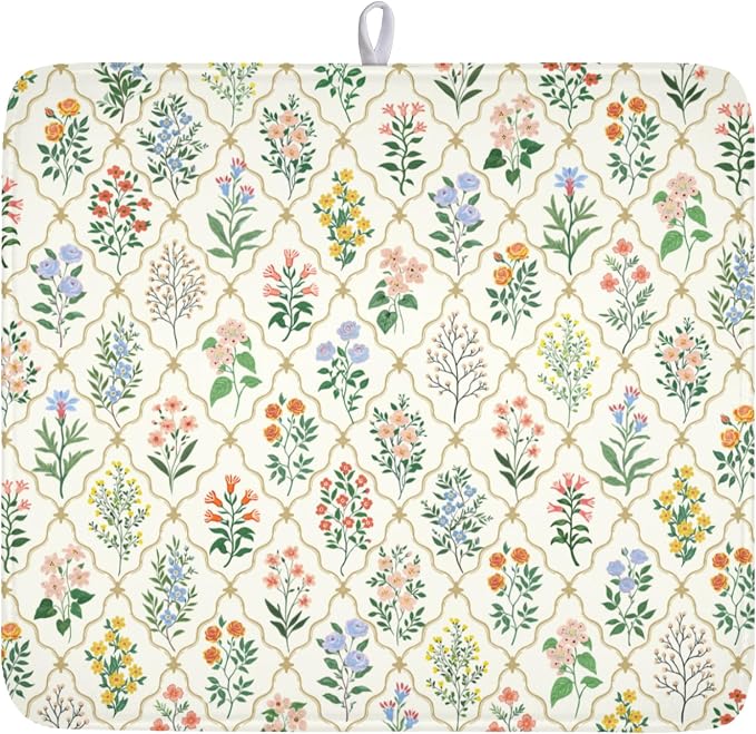Floral Dish Drying Mat for Kitchen Counter Spring Summer Wild Flowers Diamond by Unknown