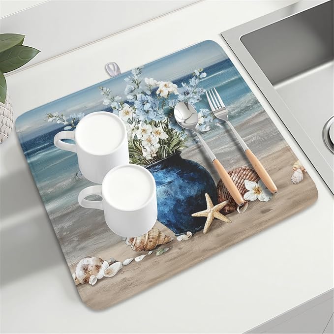 Summer Beach Dish Drying Mat for Kitchen Counter Nautical Coastal Blue Ocean - Image 8