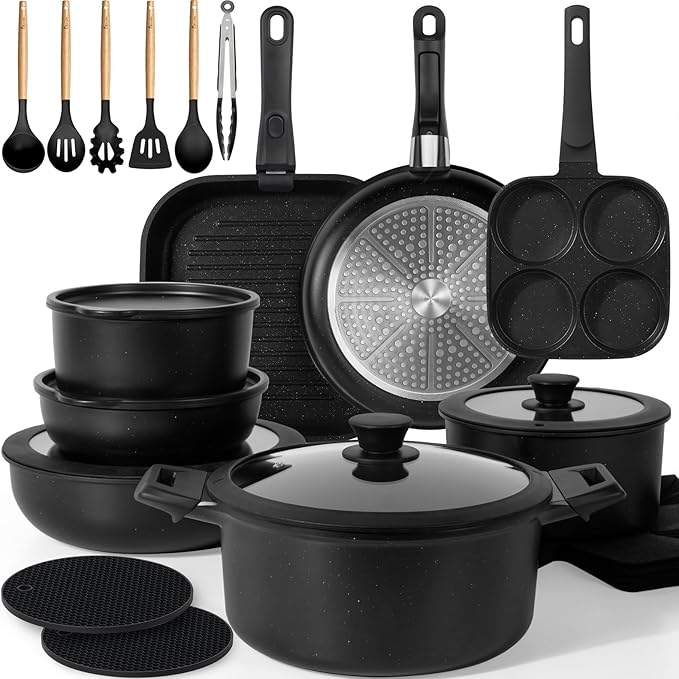 KIKCOIN Pots and Pans Set, 30 Pack Nonstick Cookware Set Detachable Handle by Kikcoin