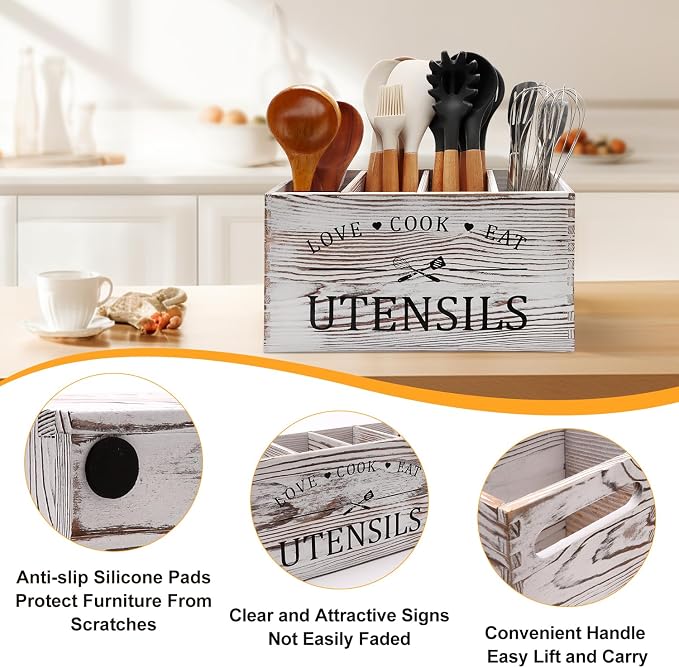 Rustic White Wooden Utensil Holder - Image 2