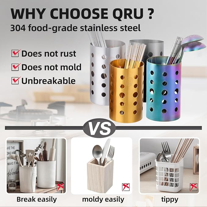 QRU Kitchen Utensil Holder for Countertop, Stainless Steel Cooking Utensil - Image 2