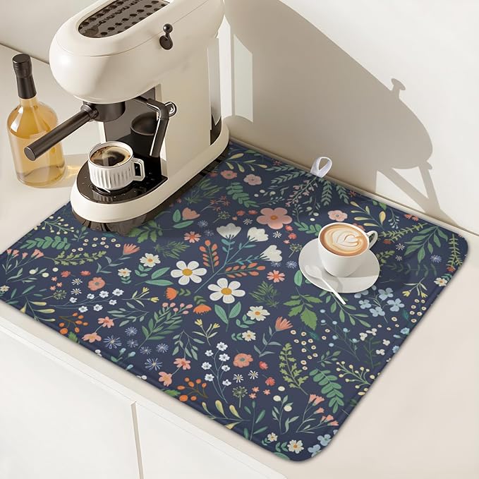 Floral Dish Drying Mat for Kitchen Counter Rustic Flower Leaves Print - Image 7