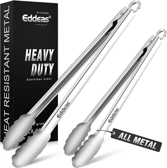 Grill Tongs, Heat Resistant 600 Degrees 17 & 12 Inch Extra Long BBQ Tongs by Eddeas