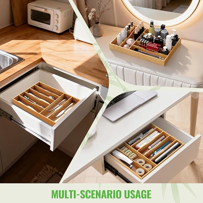 Bamboo Silverware Organizer, Bamboo Kitchen Drawer Cutlery Organizer, Utensil - Image 5