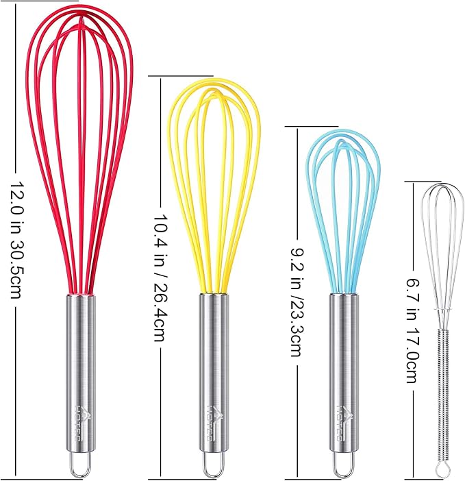 HOTEC 4 Pieces Silicone Whisks Set, Wire Balloon Whisks Egg Beater, Non-slip - Image 2