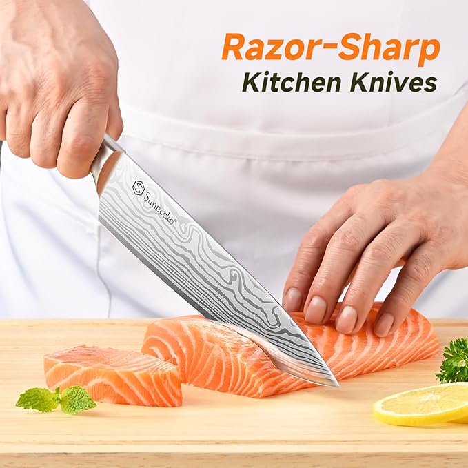 Sunnecko Knife Set with Block and Sharpener, 15 Piece Kitchen Knife Block Set - Image 2