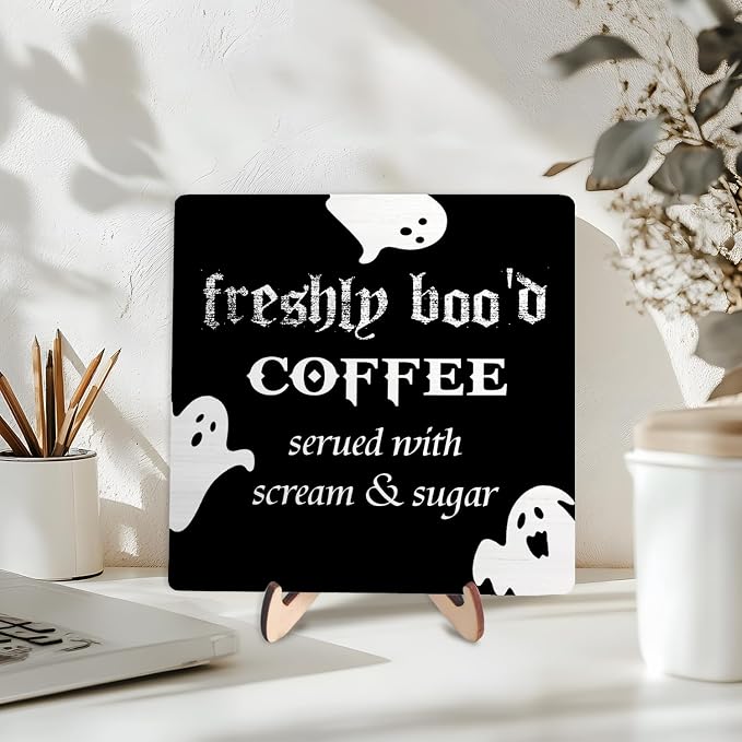 Freshly Boo'd Coffee Wood Sign, Halloween Coffee Bar Decor, Scream Sugar Spooky - Image 3