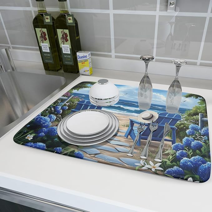 Summer Beach Chairs Dish Drying Mat Sea Wave Blue Floral Drying Mat fo Kitchen - Image 6