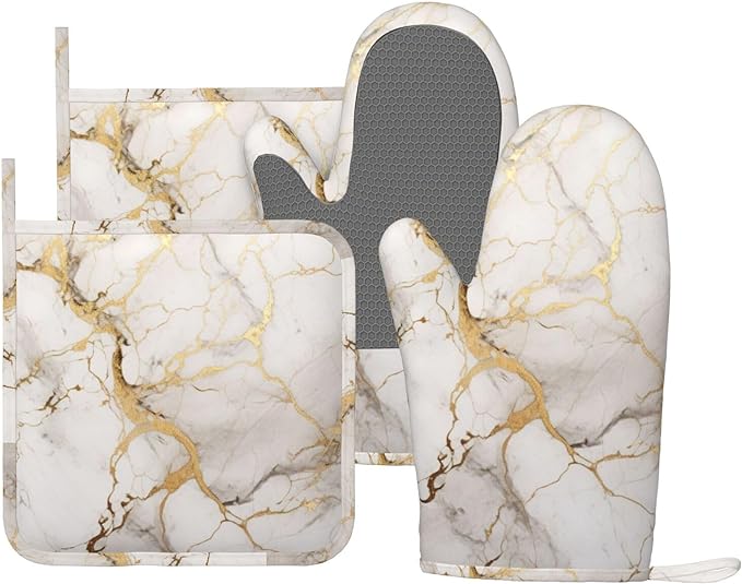 Oven Mitts and Pot Holders Marble Gray Gold White Silicone Kitchen Accessories by DADABULIU