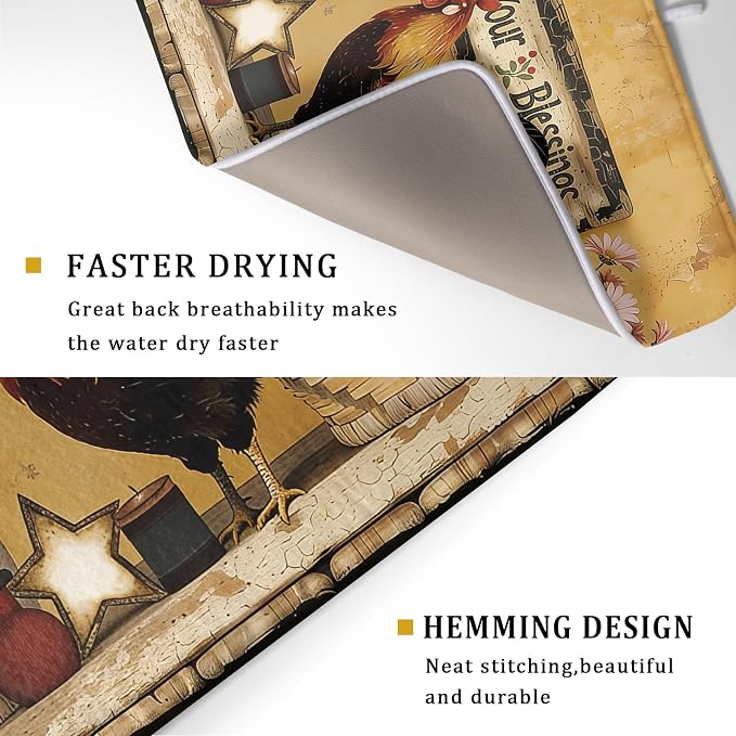 Giwawa Farmhouse Rooster Dish Drying Mat Vintage Chicken Sunflowers Dish - Image 3