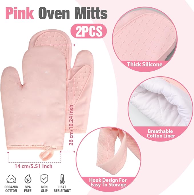 Sumind Pink Oven Mitts and Pot Holders 7 Sets, Heat Resistant Kitchen Gloves - Image 2