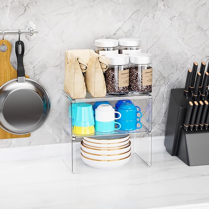 Yieach 4 Pack Acrylic Cabinet Organizer, 2 Tier Stackable Shelves - Image 6