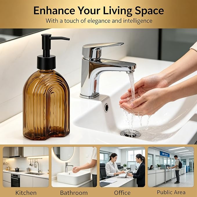 Black Pump Glass Soap Dispenser, 12oz Brown Stripe Countertop Refillable Liquid - Image 3