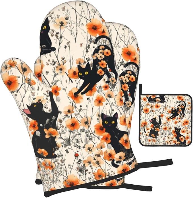 Orange Floral Pot Holders and Oven Mitts Set of 3, Cute Black Cat Kitchen - Image 2