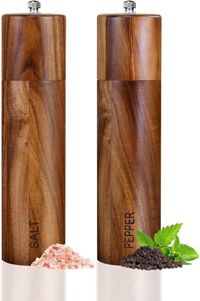 XWXO 2 Pack Acacia Wooden Salt and Pepper Grinder Set 8 Inches Refillable Salt by XWXO