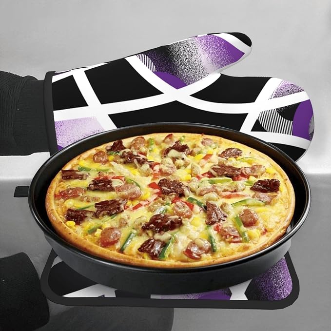 3-Piece Purple Black Abstract Geometric Oven Mitts and Pot Holders Set - Image 4