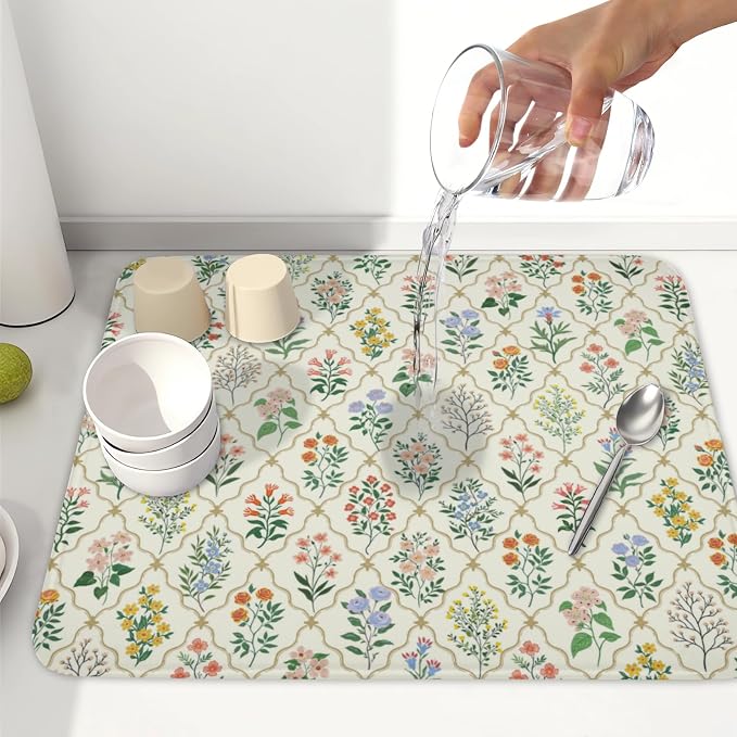 Floral Dish Drying Mat for Kitchen Counter Spring Summer Wild Flowers Diamond - Image 6
