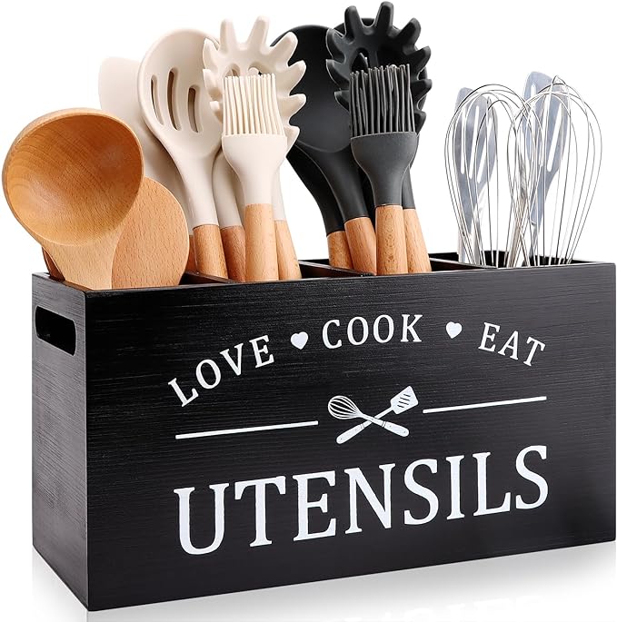 Black Farmhouse Utensil Holder for Kitchen Counter Extra Large Cooking Utensil by Renawe