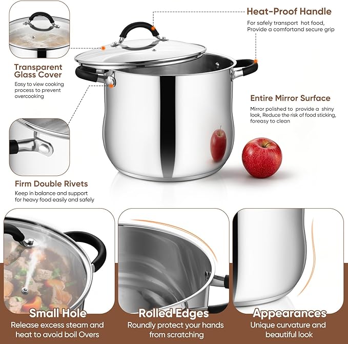P&P CHEF Stainless Steel Stock Pot, 12 Qt Cooking Soup Pot - Image 3