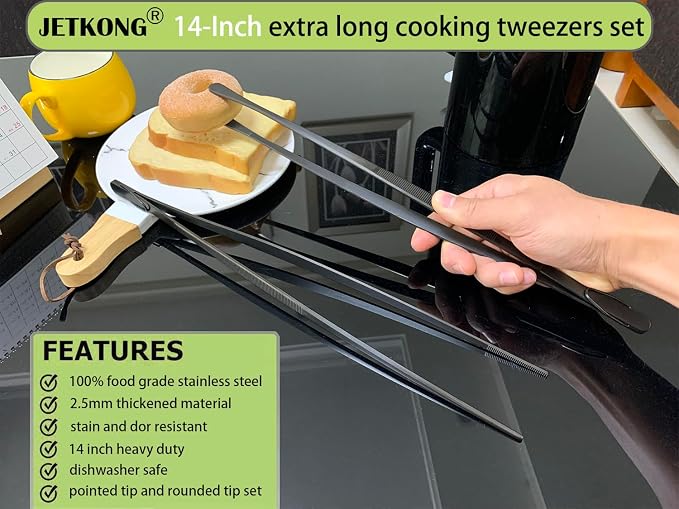 JETKONG 2 Pcs 14-Inch Food Tweezer Tongs Extra Long Stainless Steel Kitchen - Image 3