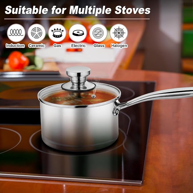 P&P CHEF 2 & 3 Quarts Tri-Ply Stockpot and Saucepan, Stainless Steel Sauce Pan - Image 3