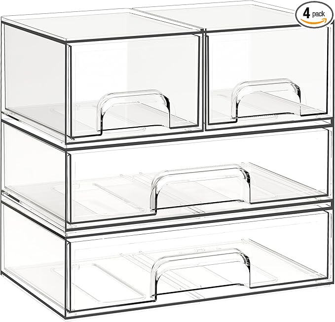 Criusia Stackable Storage Drawers, 4 Pack Clear Plastic Makeup & Bathroom by Criusia