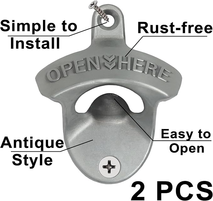 Old Style Wall Mounted Bottle Opener, Rustic Silver Rustproof Screw in Wall - Image 2