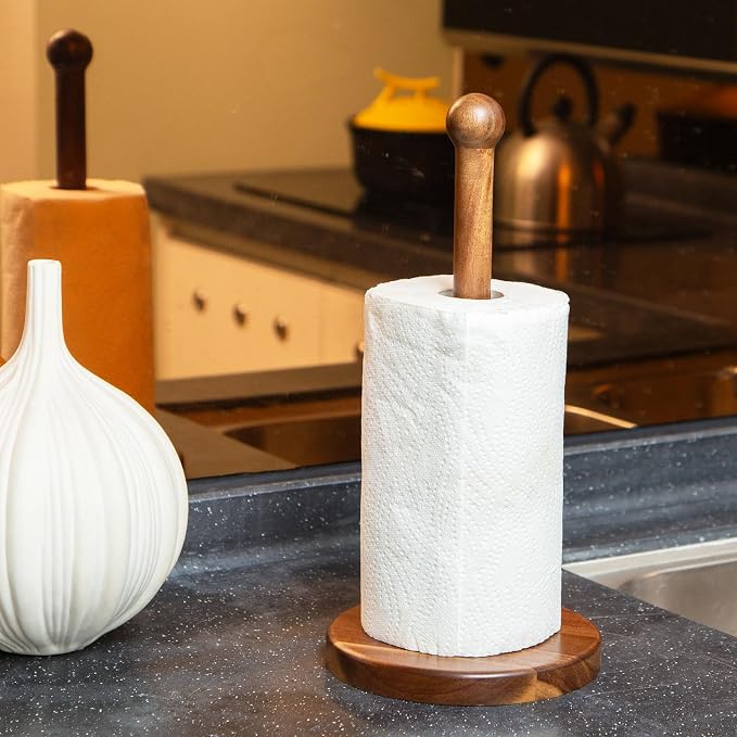 14" Acacia Wooden Paper Towel Holder, 6.7" Large Heavy Base Wooden Kitchen - Image 6