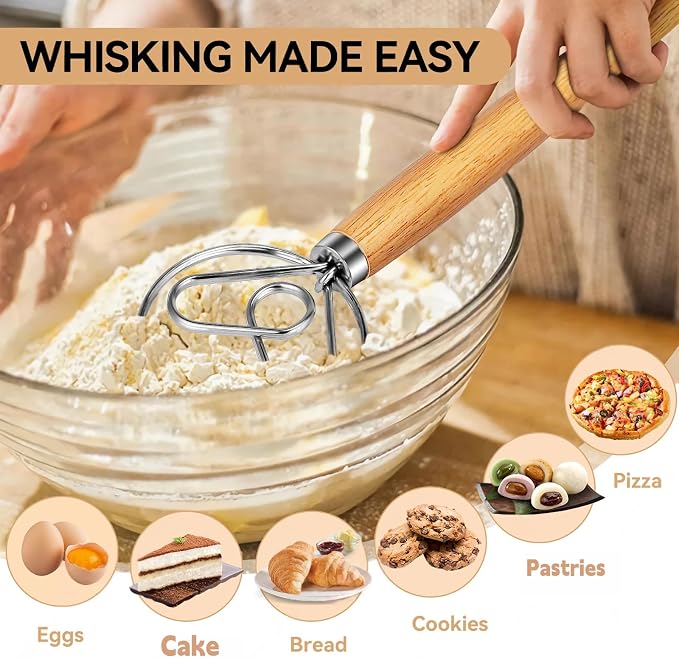 TEEVEA Danish Dough Whisk for Sourdough Bread, Wooden Handle Stainless Steel - Image 3