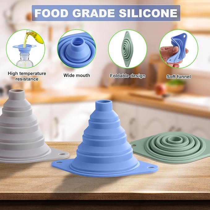 Kitchen Funnel Set 3 Pack, Collapsible Silicone Funnel - Image 3