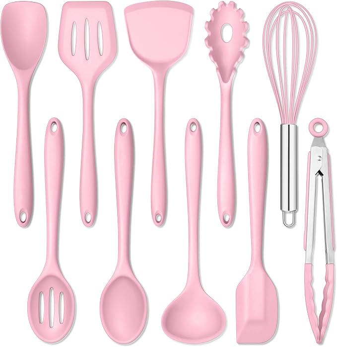 E-far Pink Silicone Cooking Utensils Set, 10-Piece Kitchen Utensil Set by E-far