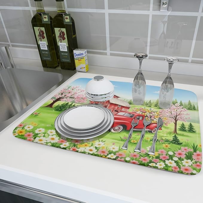 Spring Dish Drying Mat for Kitchen Counter Red Truck Flowers Microfiber - Image 6