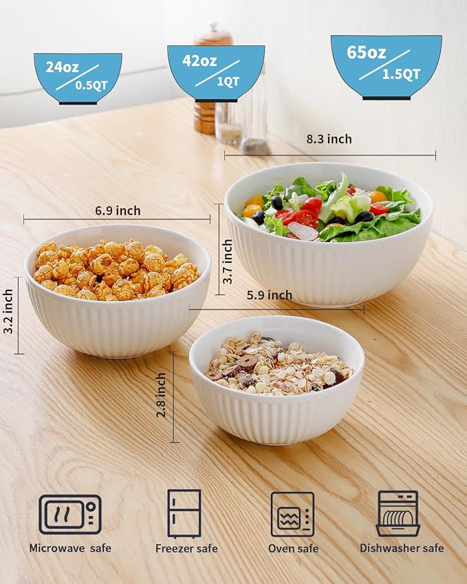 HASENSE Ceramic Ribbed Nesting White Bowls 1.5/1/0.5 Qt - Image 2