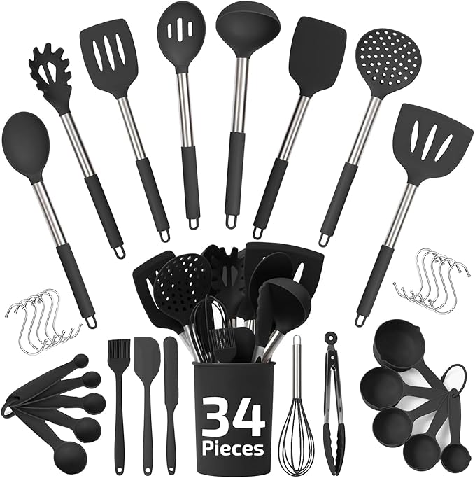 Silicone Kitchen Utensils Set 34 Pieces 450 °F Heat Resistant by CulinaryCouture