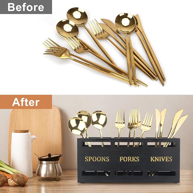 Ayiaren Wooden Cutlery Silverware Holder Flatware Utensil Caddy Black Utensil - Image 6