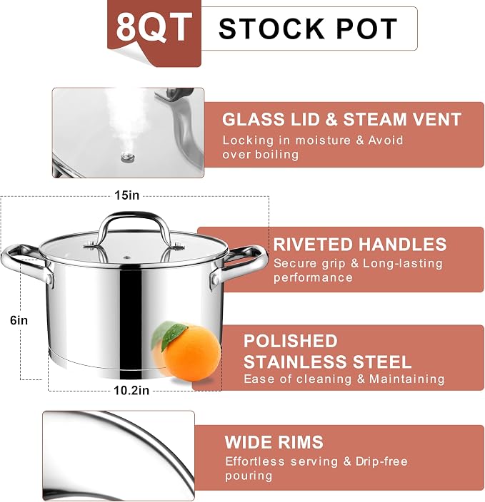 E-far Stainless Steel Stock Pot, 8 Quart Tri-ply Base Cooking Pot - Image 4
