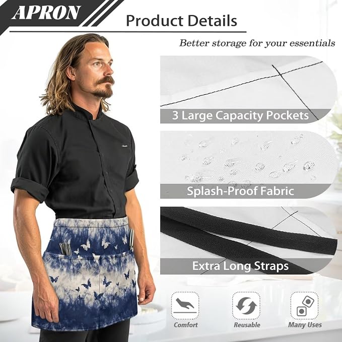 Server Apron with 3 Pockets, Waterproof Oil Waitress Waiter Half Apron - Image 6