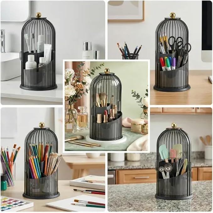 Makeup Brush Holder with Lid 360° Rotating 3-Compartment Makeup Organizers - Image 6