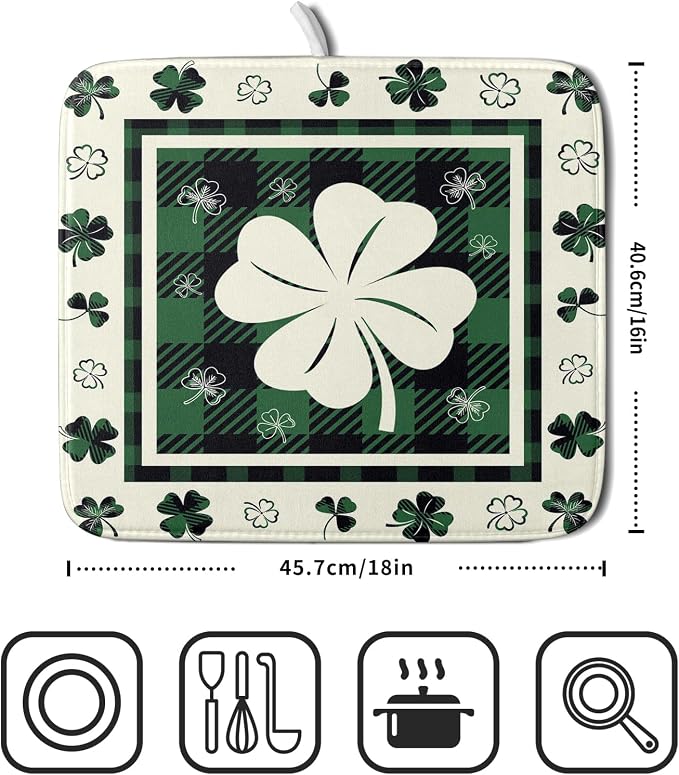 Giwawa Patrick Clovers Dish Drying Mat 16"x18" Lucky Shamrock Spring Leaf Dish - Image 2