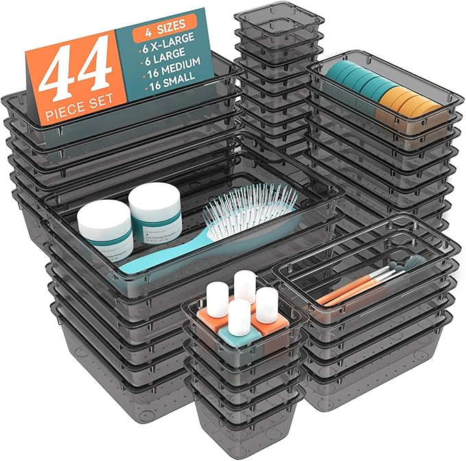 WOWBOX 44 PCS Clear Plastic Drawer Organizer Set, 4 Varied Size storage Bins by WOWBOX