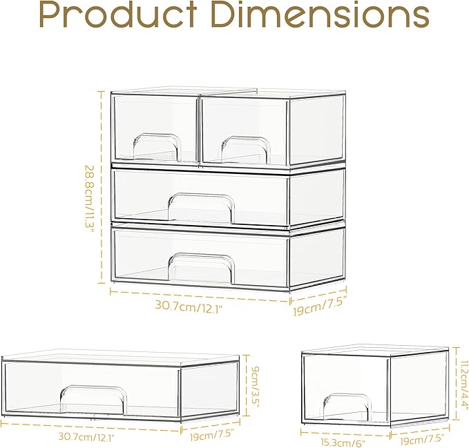Criusia Stackable Storage Drawers, 4 Pack Clear Plastic Makeup & Bathroom - Image 2